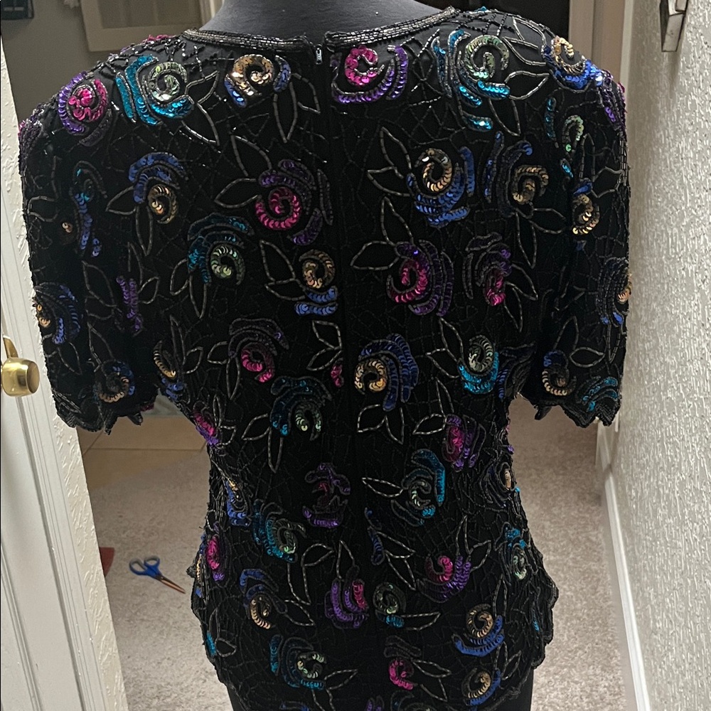 Vintage 80’s Laurence Kazar Multicolor Black 100% Silk Sequin Top Extra Large - Picture 3 of 7